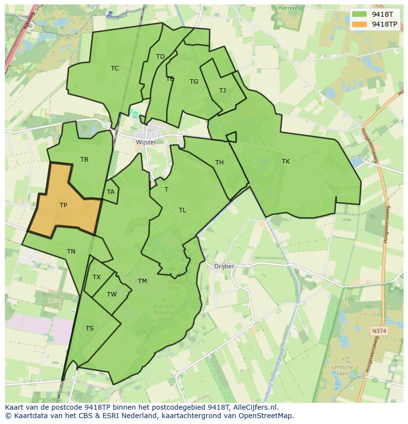 Afbeelding van het postcodegebied 9418 TP op de kaart.