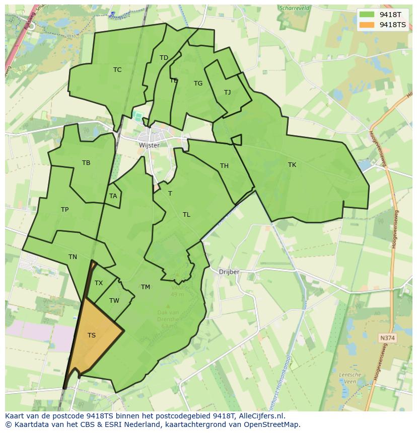 Afbeelding van het postcodegebied 9418 TS op de kaart.
