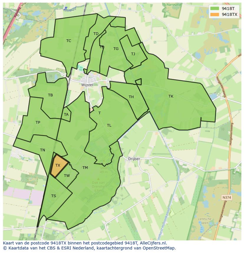 Afbeelding van het postcodegebied 9418 TX op de kaart.