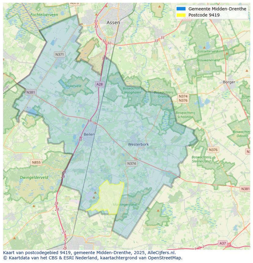 Afbeelding van het postcodegebied 9419 op de kaart.