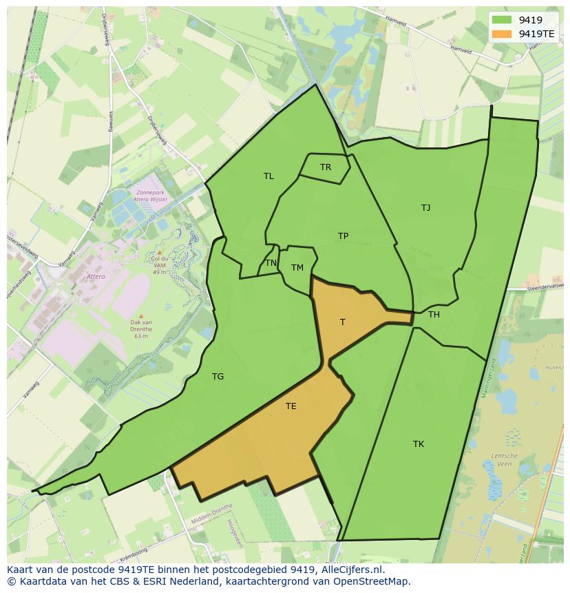 Afbeelding van het postcodegebied 9419 TE op de kaart.