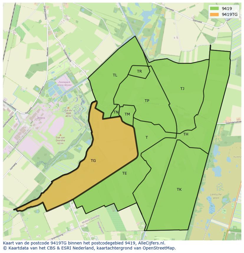 Afbeelding van het postcodegebied 9419 TG op de kaart.