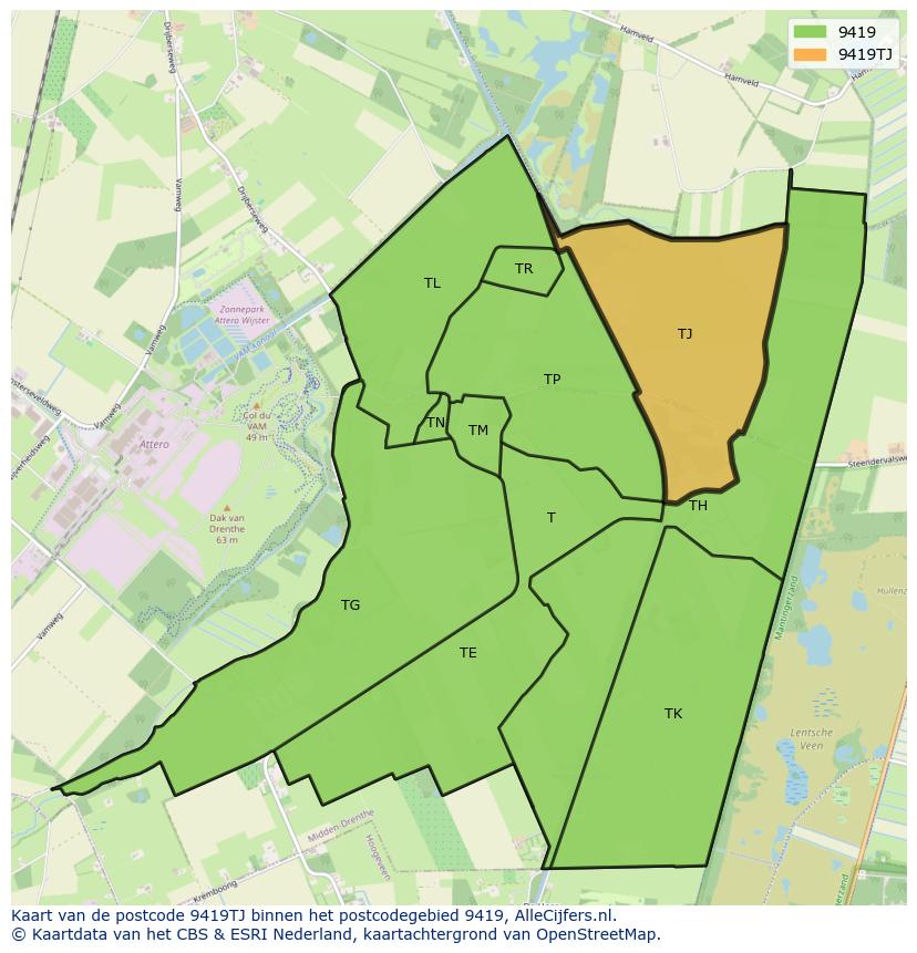 Afbeelding van het postcodegebied 9419 TJ op de kaart.