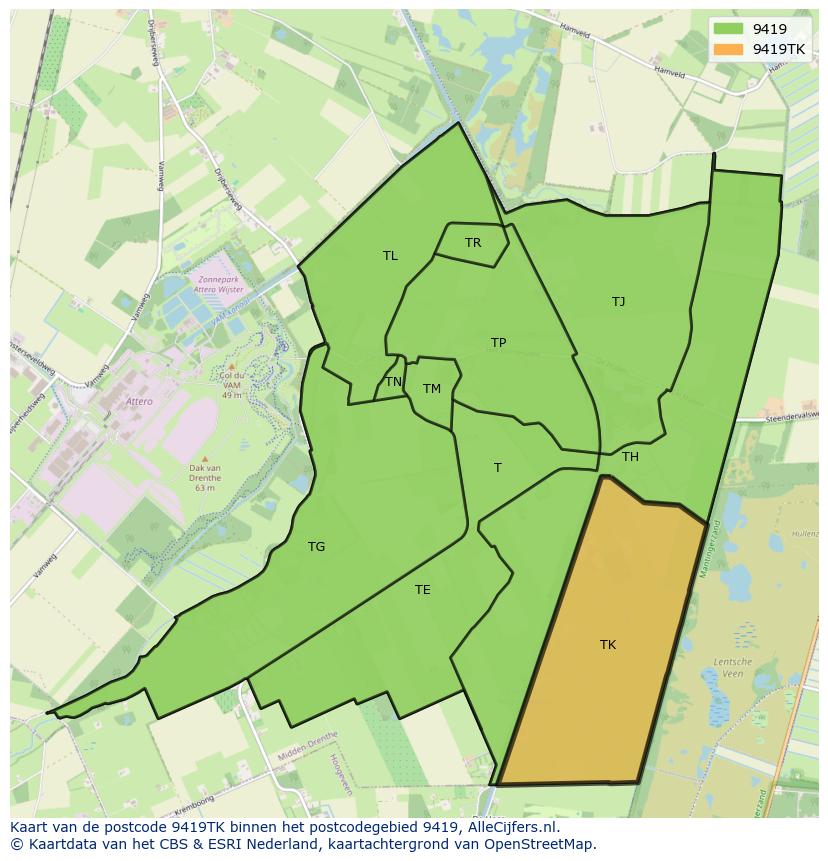Afbeelding van het postcodegebied 9419 TK op de kaart.