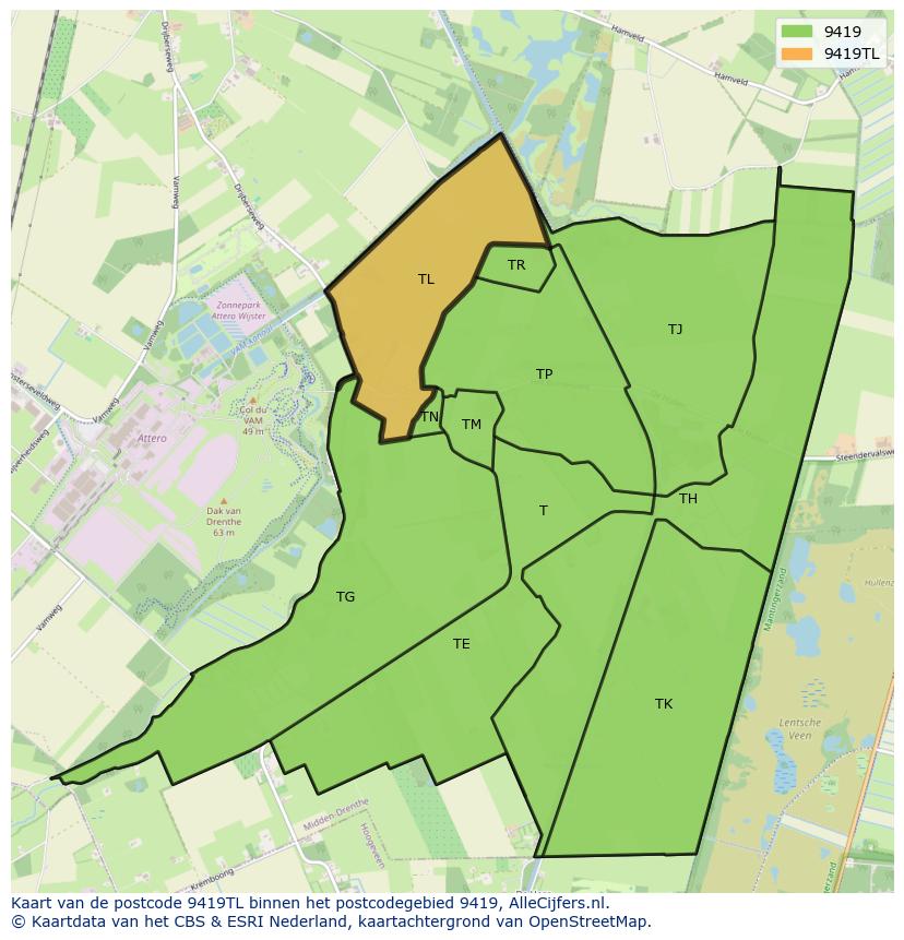 Afbeelding van het postcodegebied 9419 TL op de kaart.