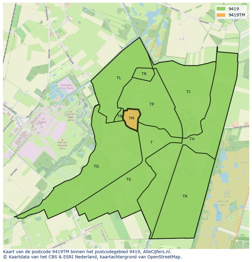 Afbeelding van het postcodegebied 9419 TM op de kaart.
