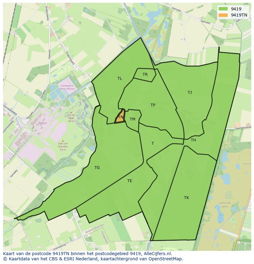 Afbeelding van het postcodegebied 9419 TN op de kaart.