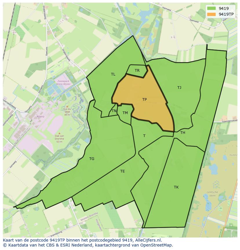 Afbeelding van het postcodegebied 9419 TP op de kaart.