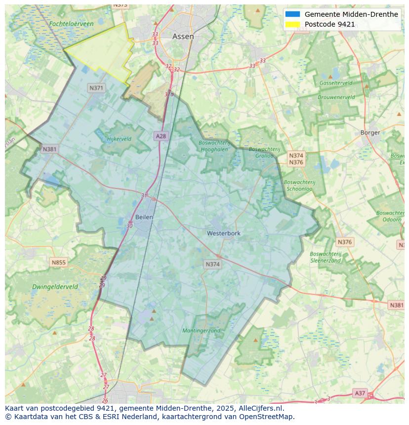 Afbeelding van het postcodegebied 9421 op de kaart.