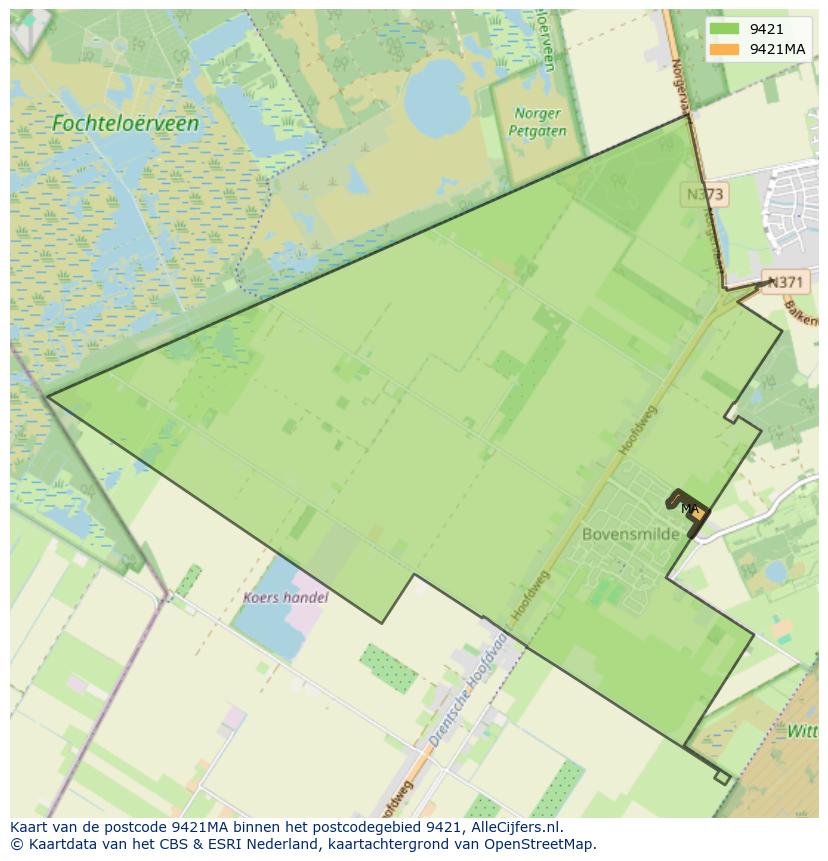 Afbeelding van het postcodegebied 9421 MA op de kaart.