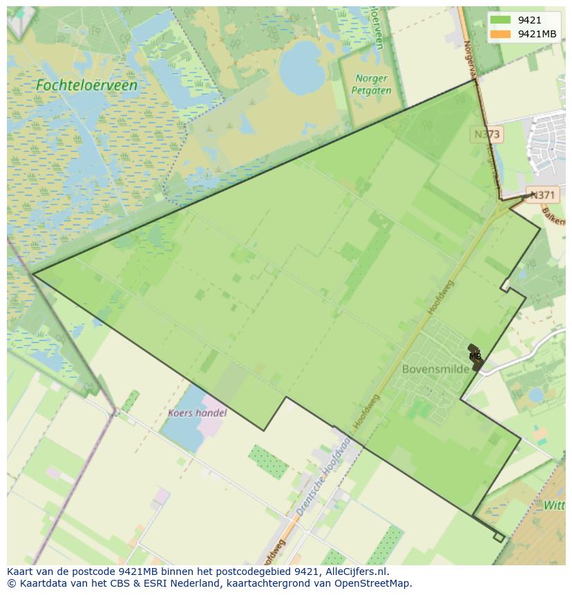 Afbeelding van het postcodegebied 9421 MB op de kaart.
