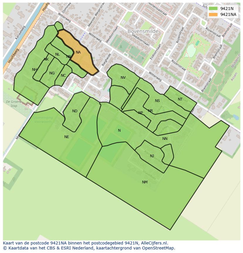 Afbeelding van het postcodegebied 9421 NA op de kaart.