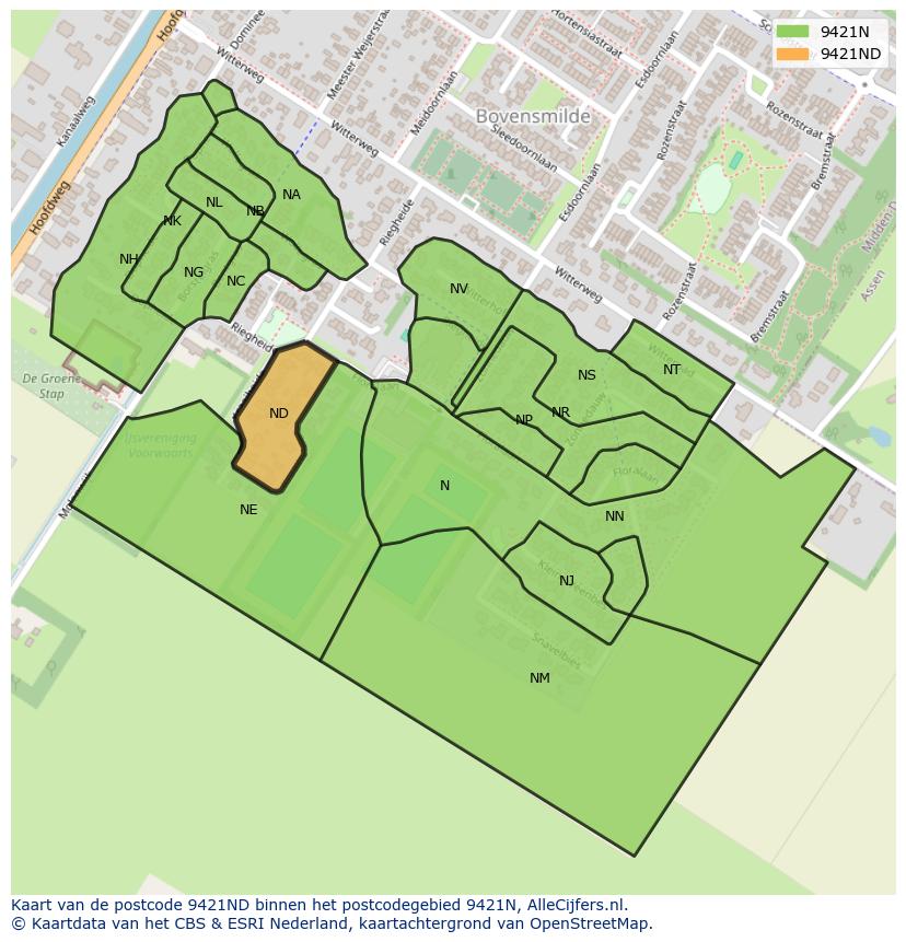 Afbeelding van het postcodegebied 9421 ND op de kaart.