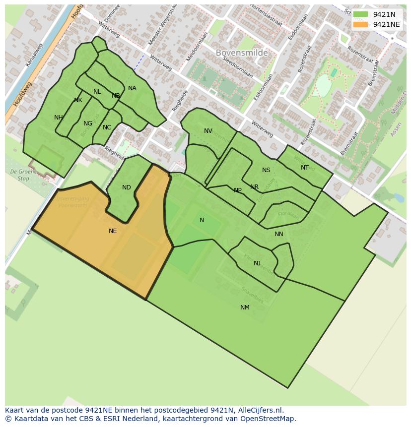 Afbeelding van het postcodegebied 9421 NE op de kaart.