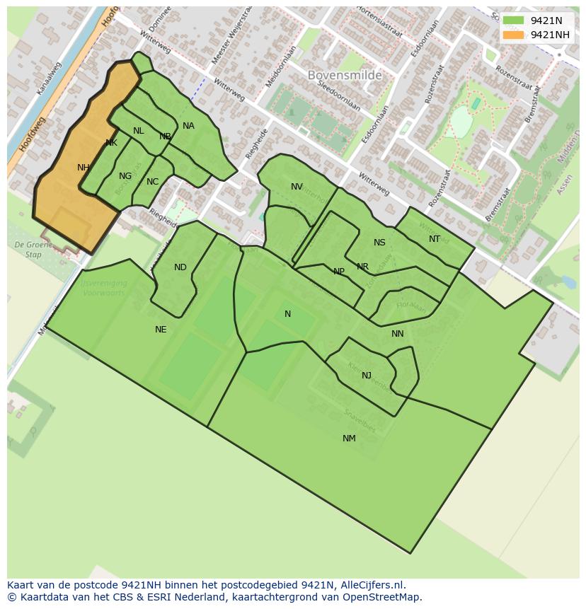 Afbeelding van het postcodegebied 9421 NH op de kaart.