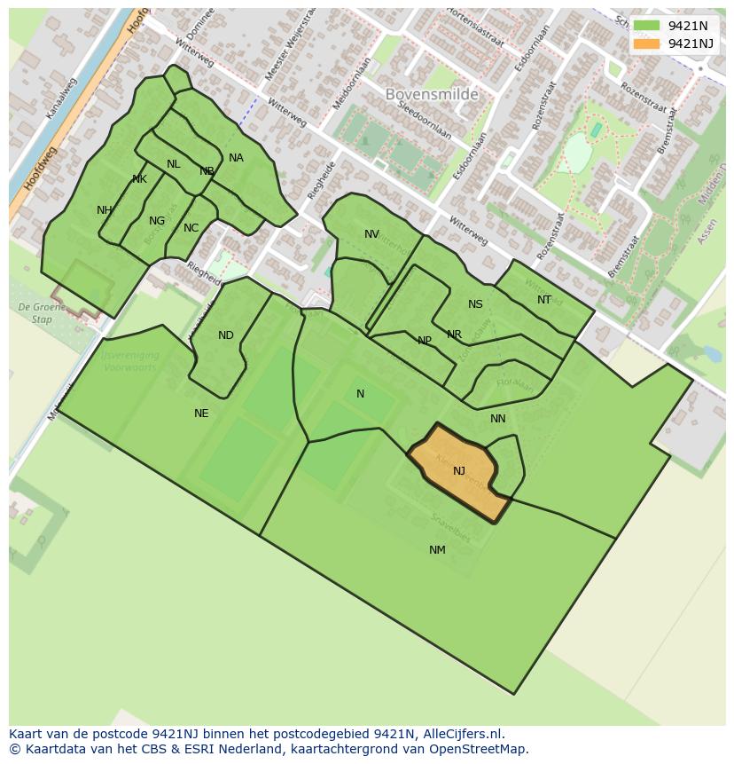 Afbeelding van het postcodegebied 9421 NJ op de kaart.