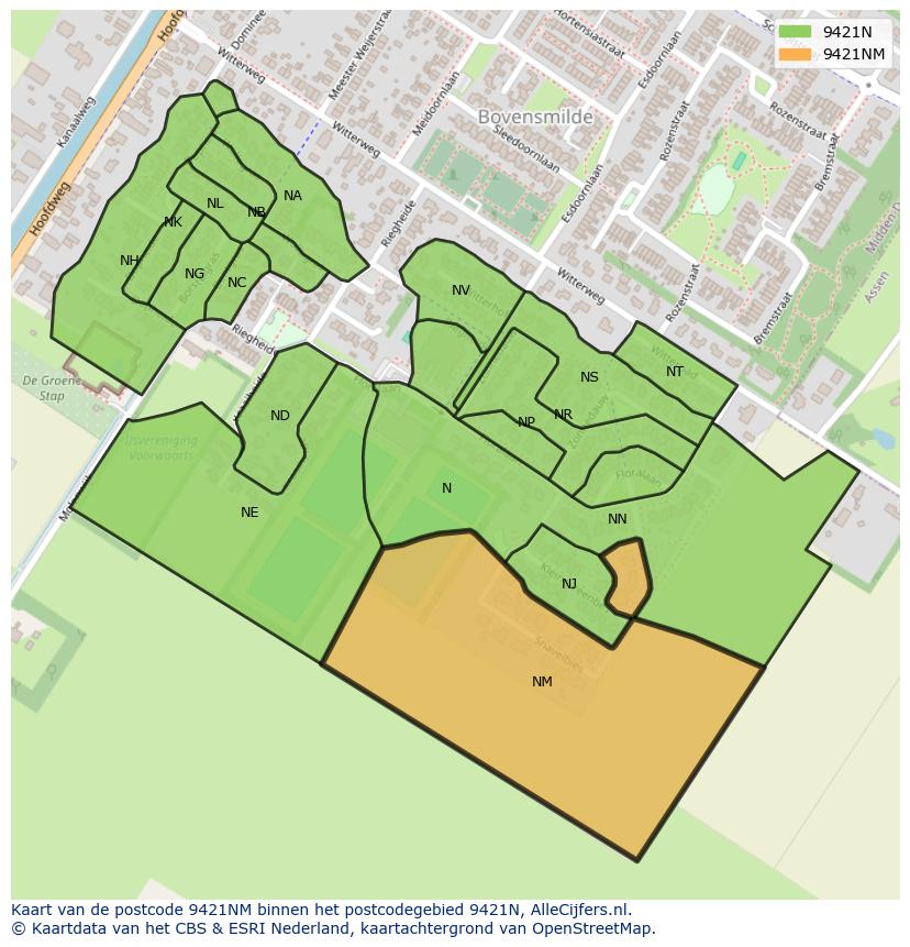 Afbeelding van het postcodegebied 9421 NM op de kaart.