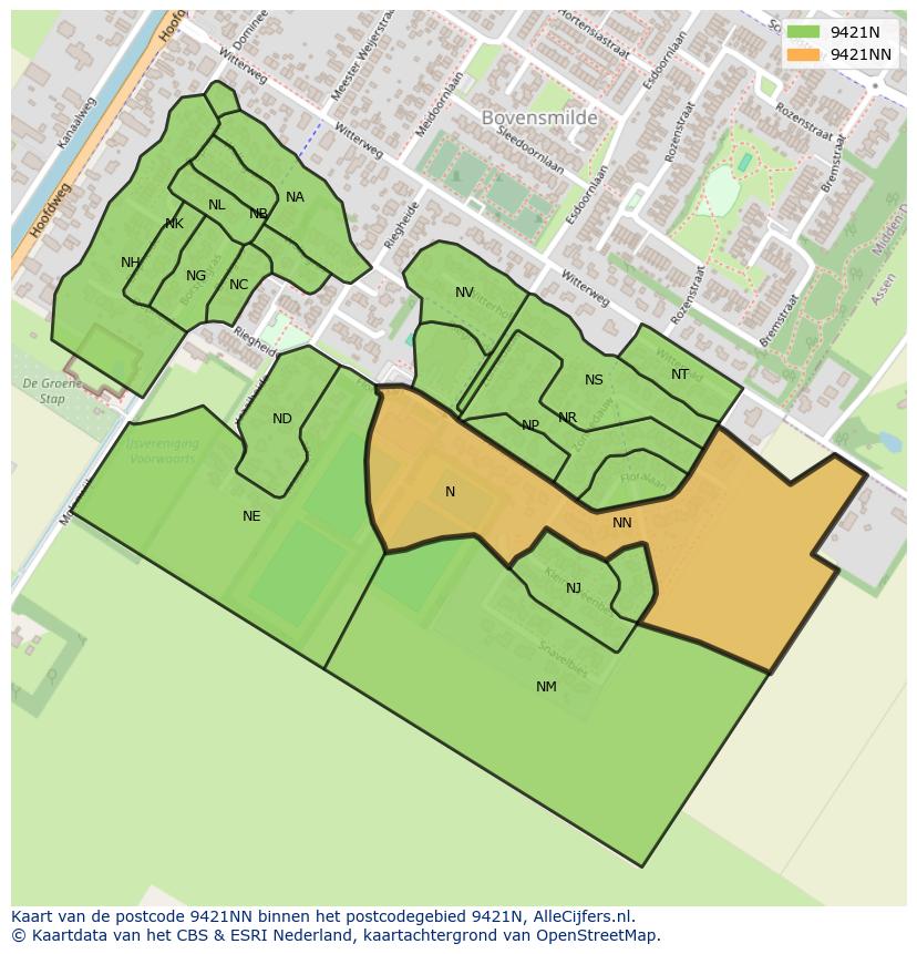 Afbeelding van het postcodegebied 9421 NN op de kaart.
