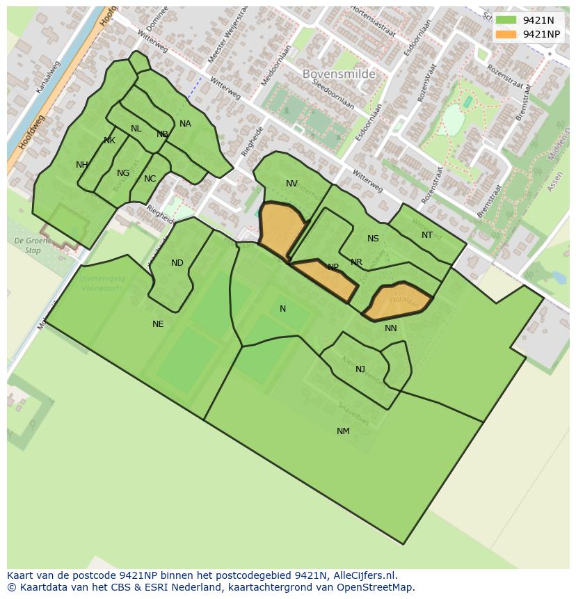 Afbeelding van het postcodegebied 9421 NP op de kaart.