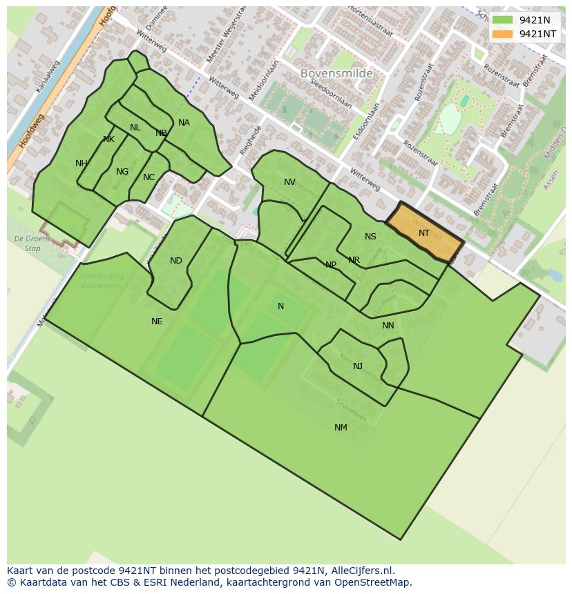 Afbeelding van het postcodegebied 9421 NT op de kaart.