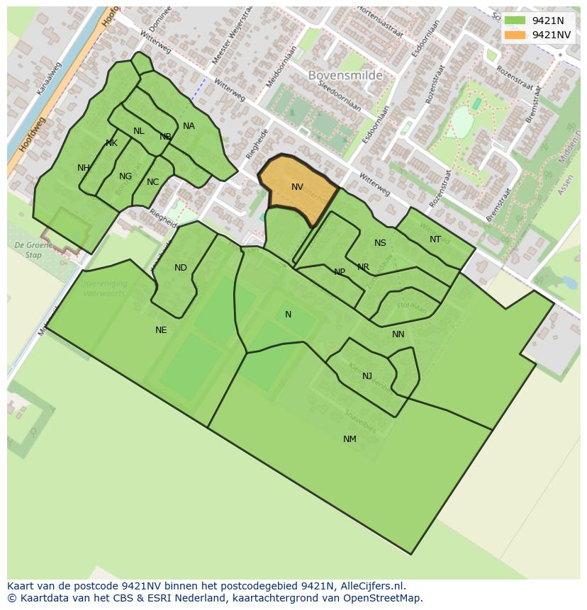 Afbeelding van het postcodegebied 9421 NV op de kaart.