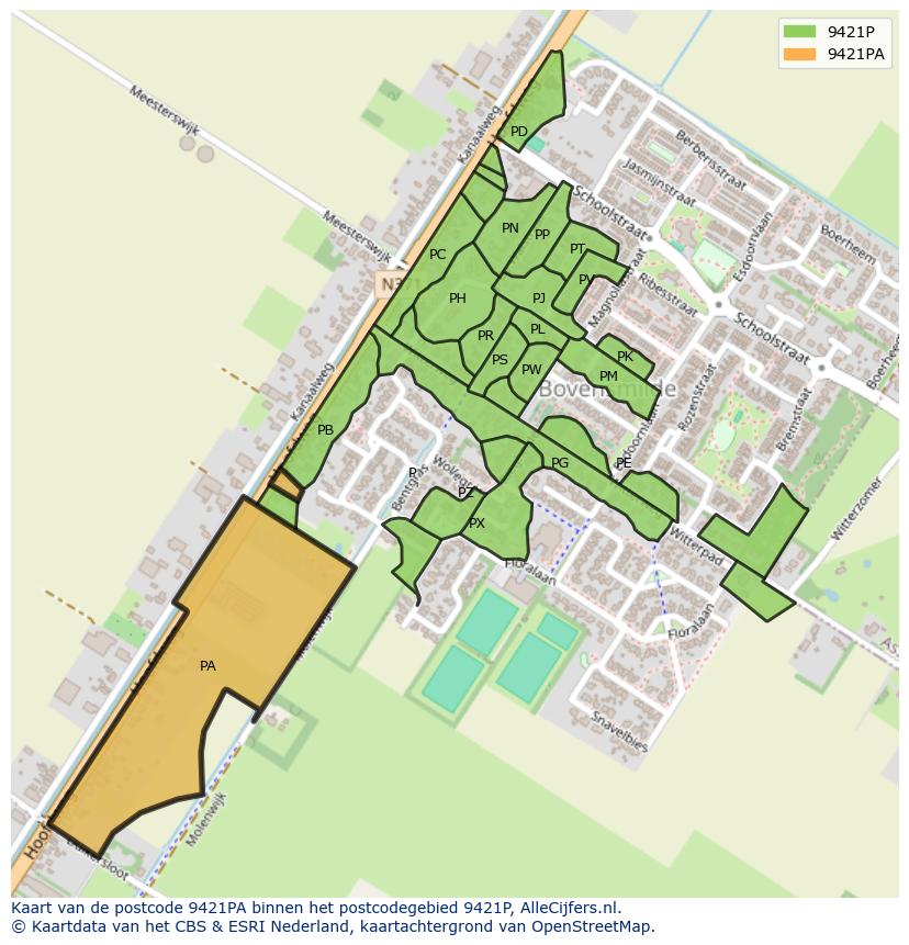 Afbeelding van het postcodegebied 9421 PA op de kaart.
