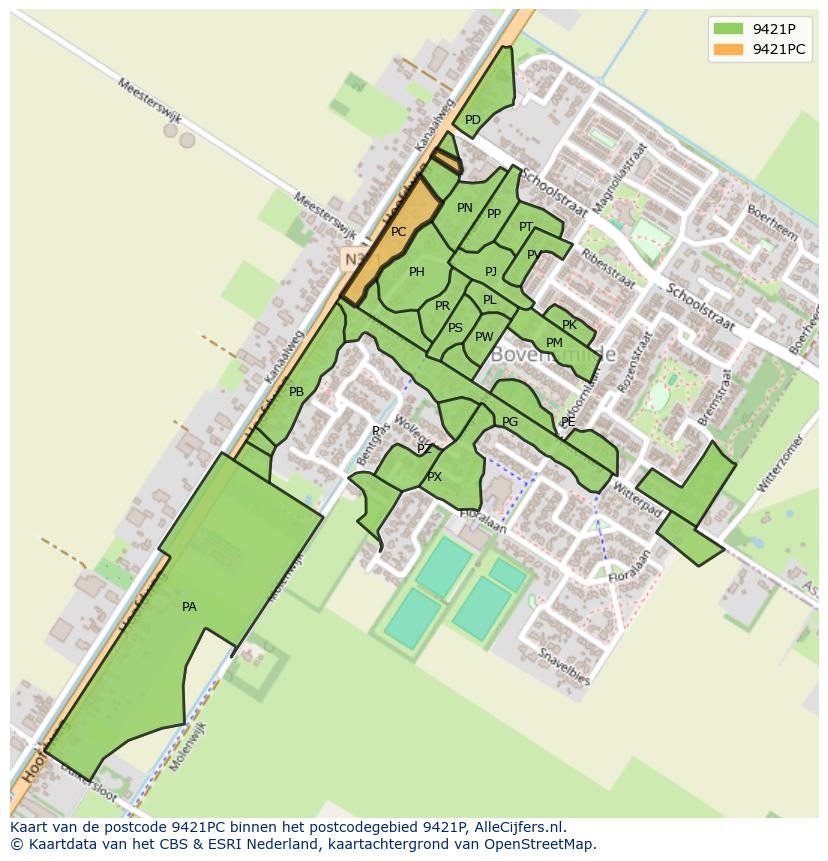 Afbeelding van het postcodegebied 9421 PC op de kaart.