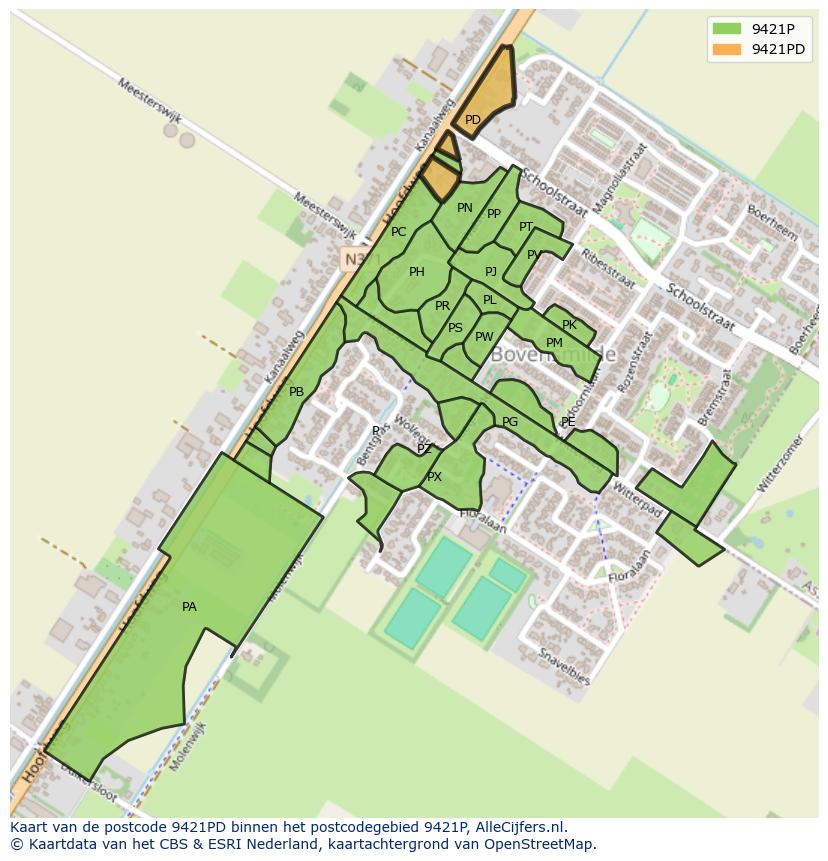 Afbeelding van het postcodegebied 9421 PD op de kaart.