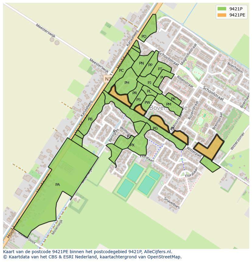 Afbeelding van het postcodegebied 9421 PE op de kaart.