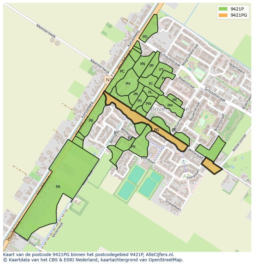 Afbeelding van het postcodegebied 9421 PG op de kaart.