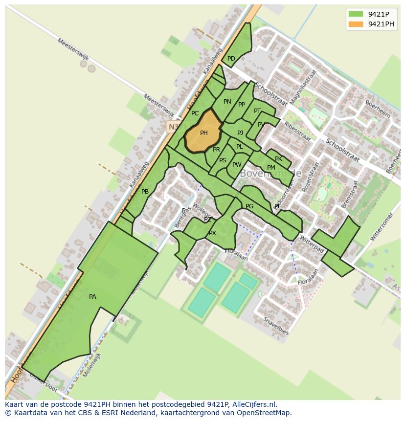 Afbeelding van het postcodegebied 9421 PH op de kaart.