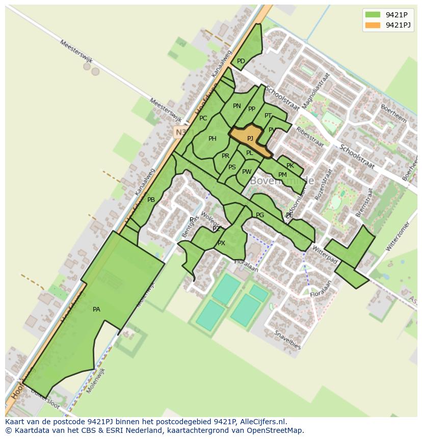 Afbeelding van het postcodegebied 9421 PJ op de kaart.