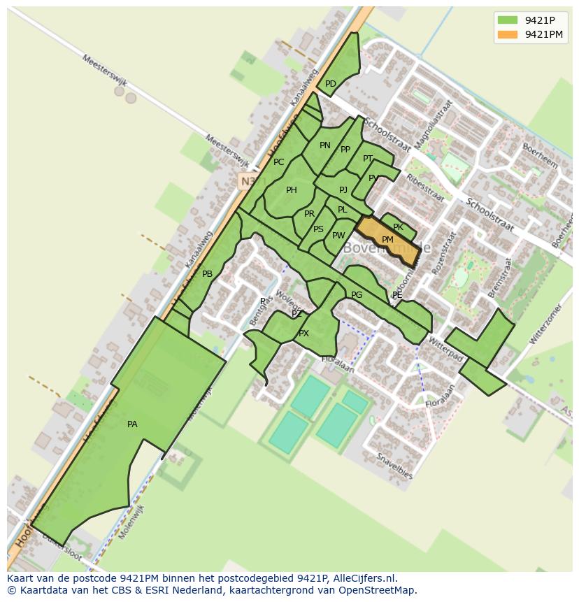 Afbeelding van het postcodegebied 9421 PM op de kaart.