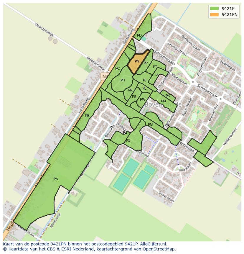 Afbeelding van het postcodegebied 9421 PN op de kaart.
