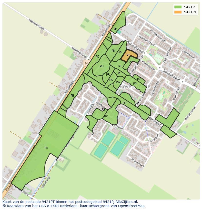 Afbeelding van het postcodegebied 9421 PT op de kaart.