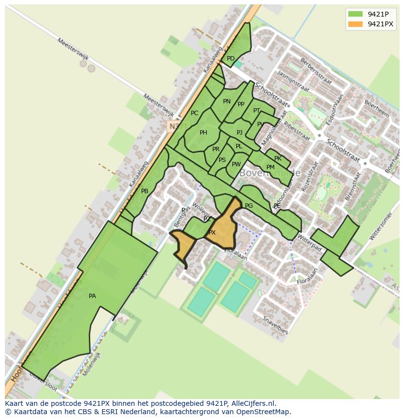 Afbeelding van het postcodegebied 9421 PX op de kaart.