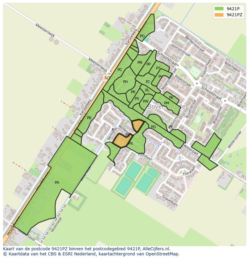 Afbeelding van het postcodegebied 9421 PZ op de kaart.