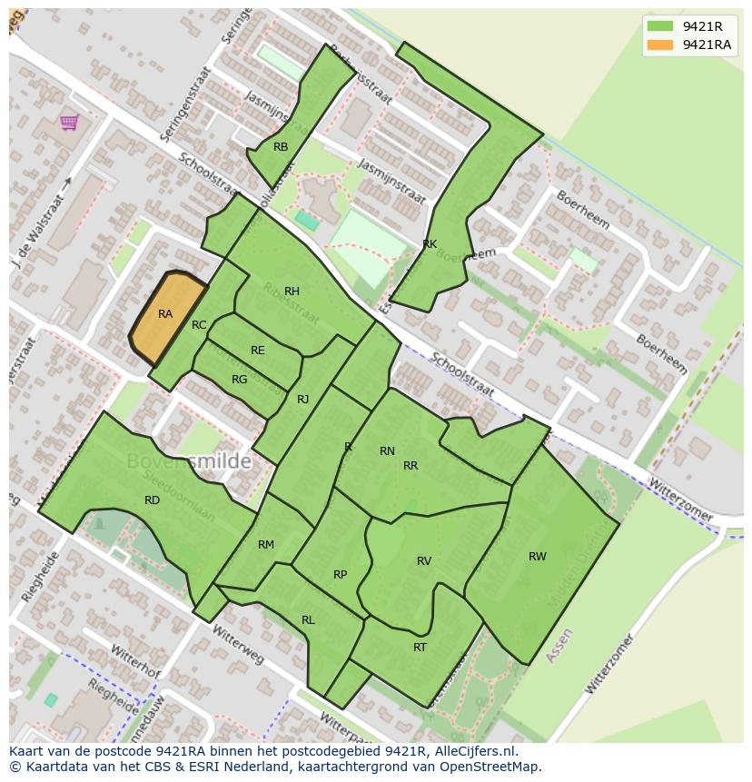 Afbeelding van het postcodegebied 9421 RA op de kaart.