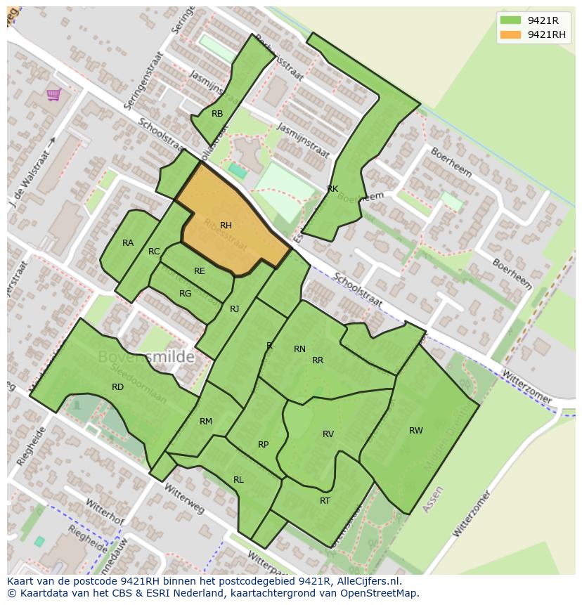 Afbeelding van het postcodegebied 9421 RH op de kaart.