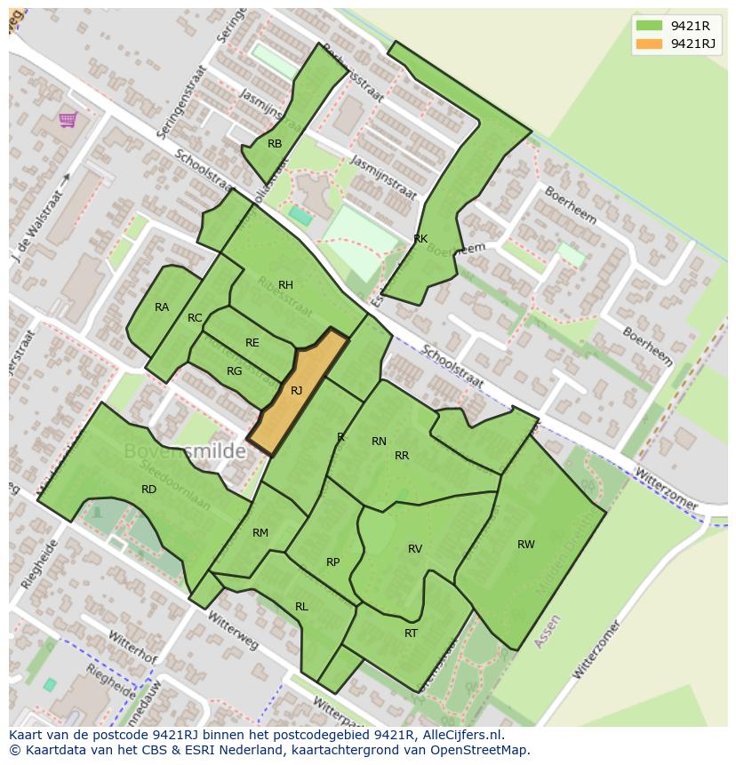 Afbeelding van het postcodegebied 9421 RJ op de kaart.
