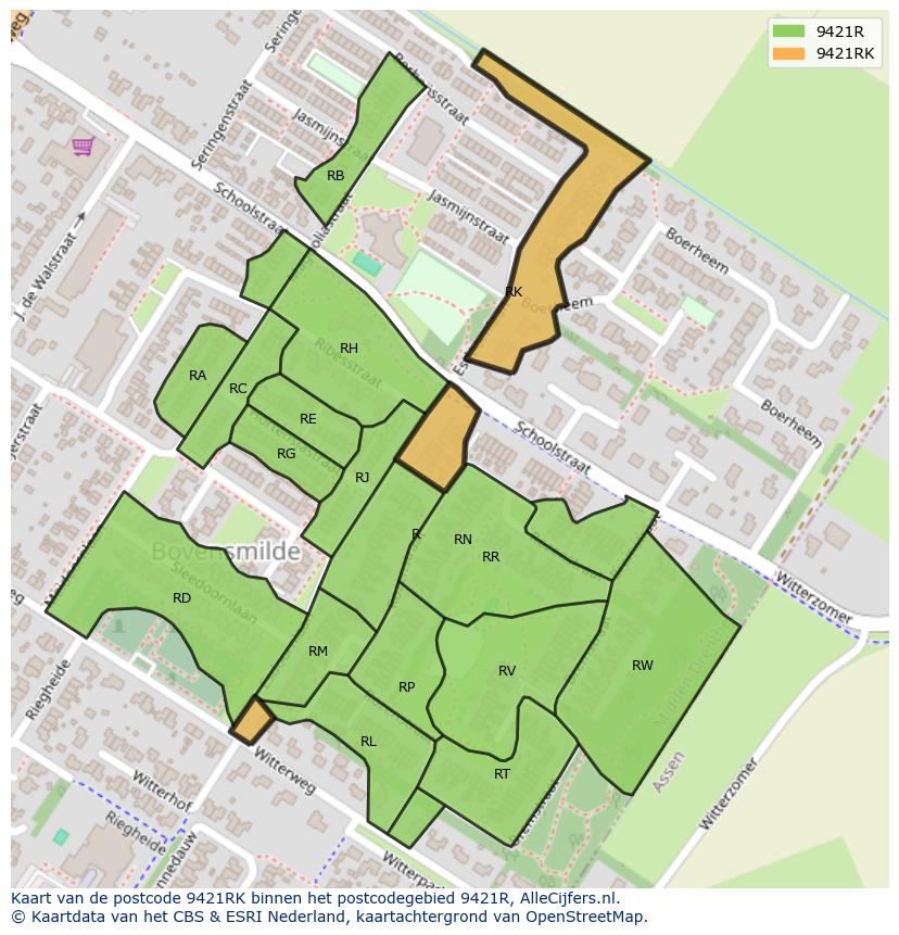 Afbeelding van het postcodegebied 9421 RK op de kaart.