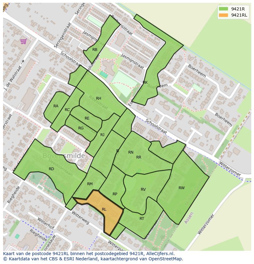 Afbeelding van het postcodegebied 9421 RL op de kaart.