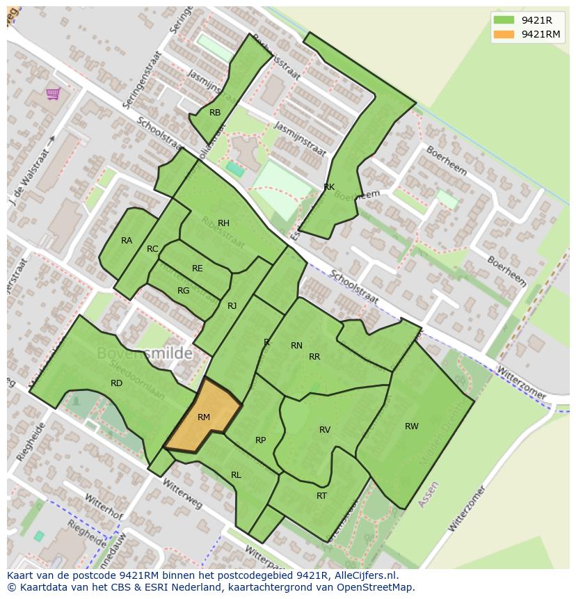 Afbeelding van het postcodegebied 9421 RM op de kaart.
