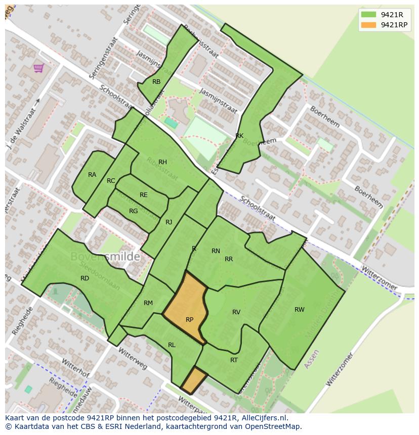 Afbeelding van het postcodegebied 9421 RP op de kaart.