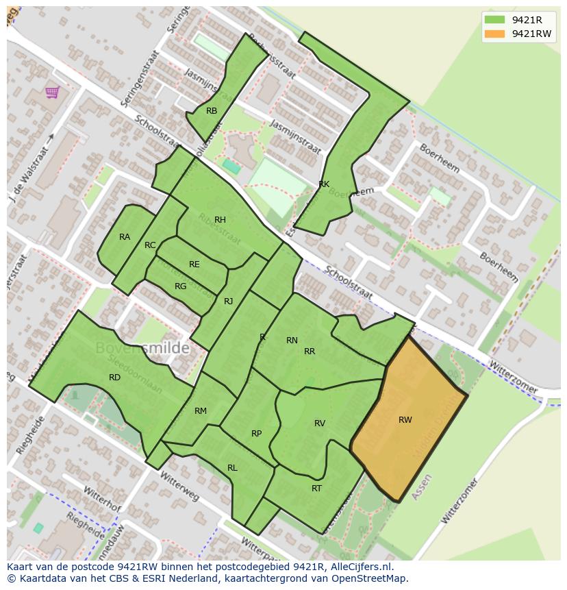 Afbeelding van het postcodegebied 9421 RW op de kaart.