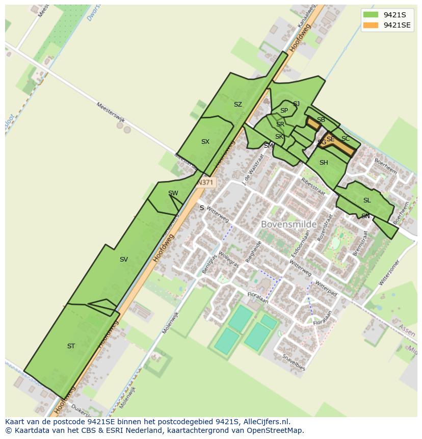 Afbeelding van het postcodegebied 9421 SE op de kaart.