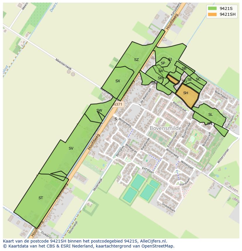 Afbeelding van het postcodegebied 9421 SH op de kaart.