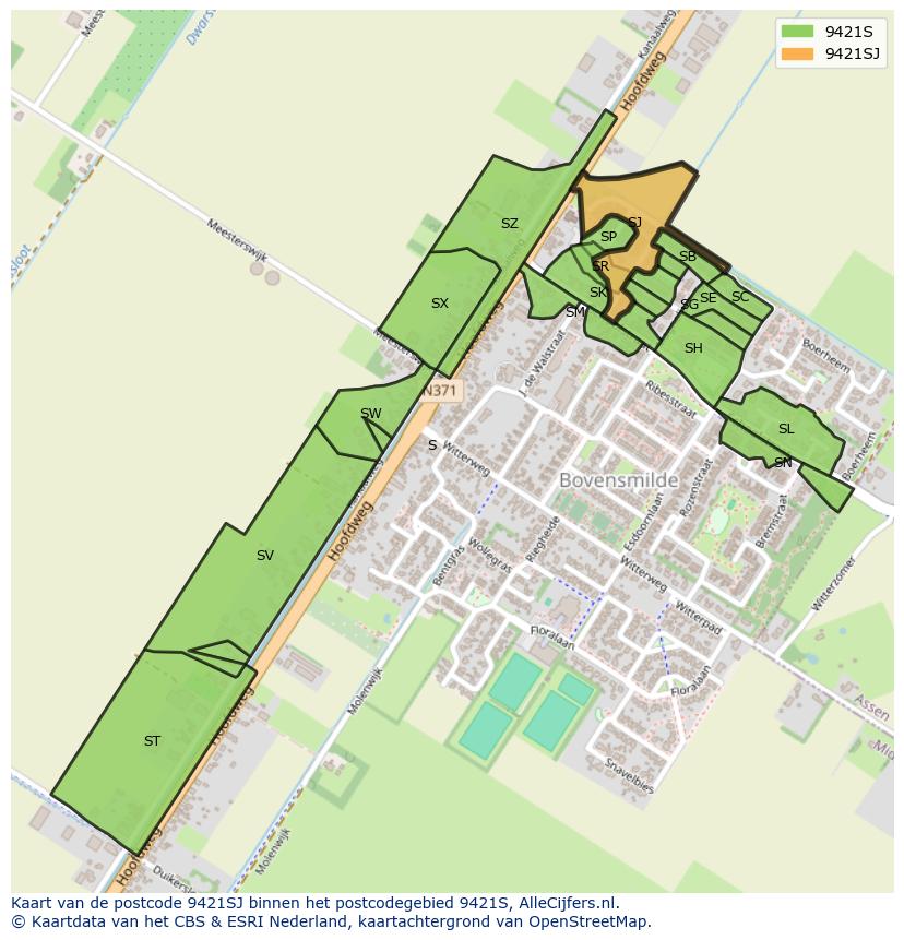 Afbeelding van het postcodegebied 9421 SJ op de kaart.