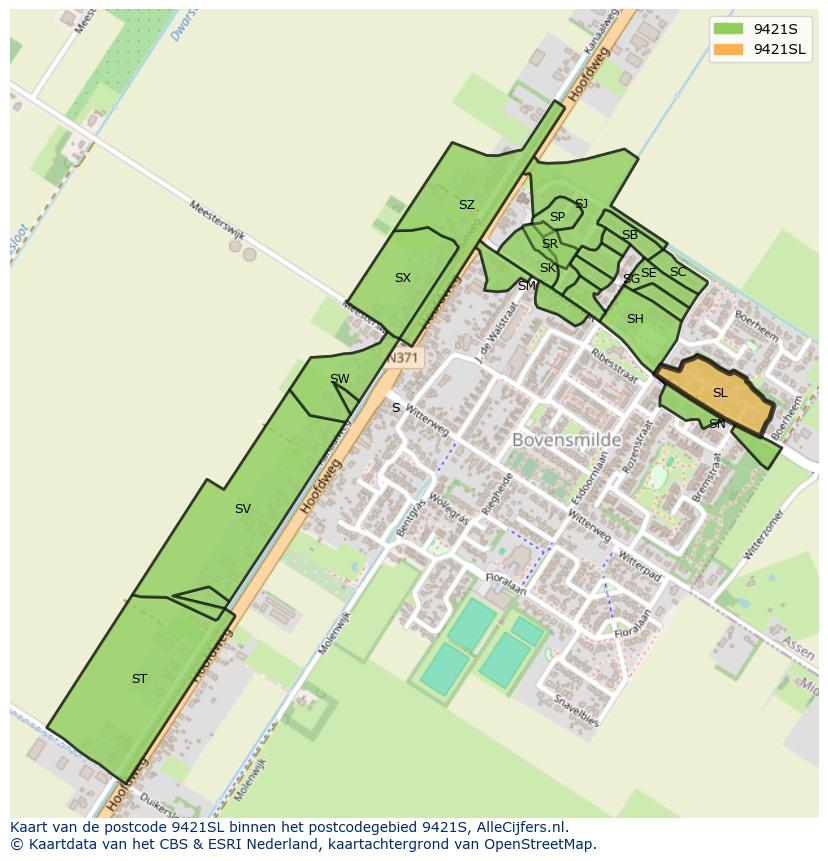 Afbeelding van het postcodegebied 9421 SL op de kaart.