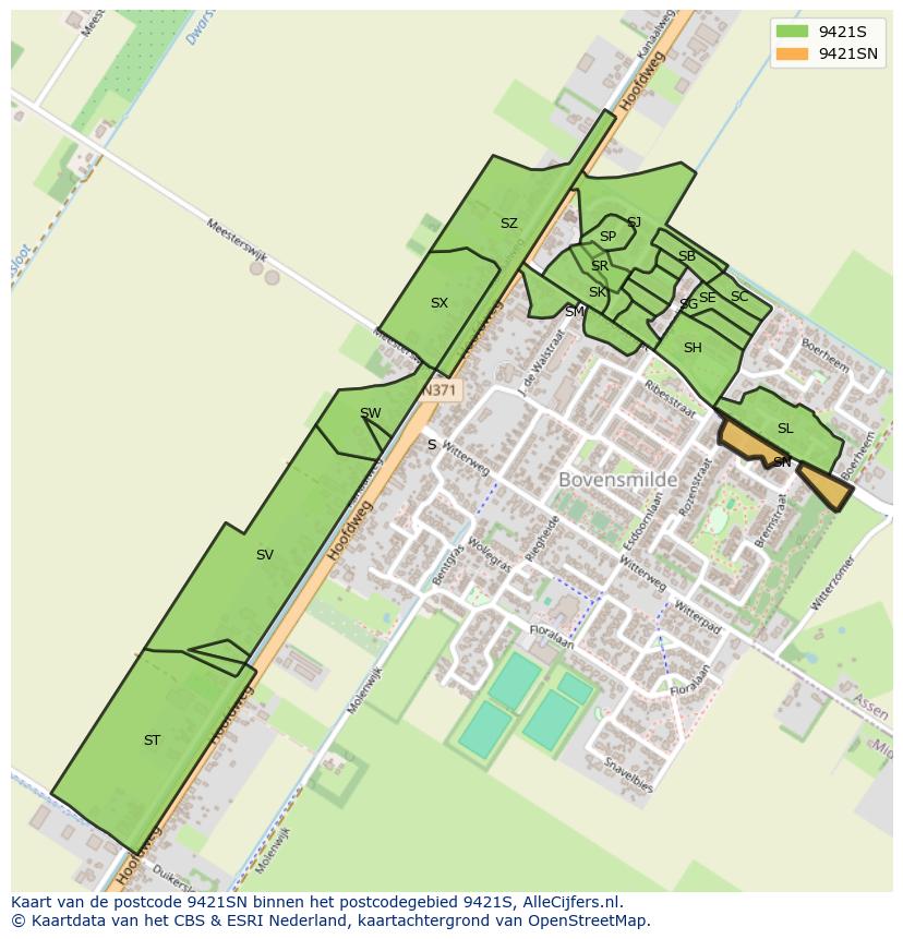 Afbeelding van het postcodegebied 9421 SN op de kaart.